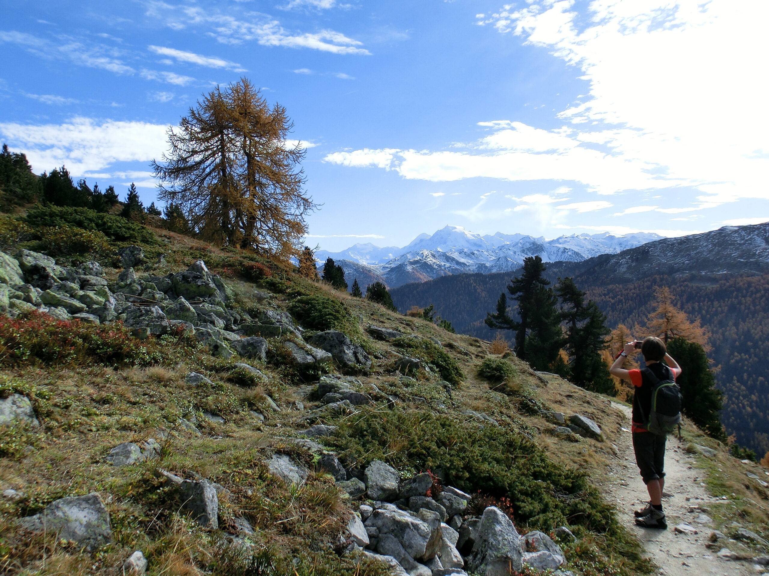 Wanderer auf Bergpfad mit Blick auf das Vinschgau und die Alpen in Südtirol